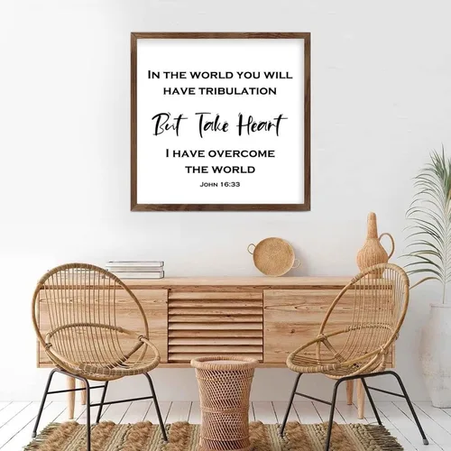 Vista 3 de Wood Sign with Frame 7"x7",in The World You Will Have Tribulation,But I Have Overcome The World,Farmhouse Rustic Wooden Sign with Quote for Wall Art