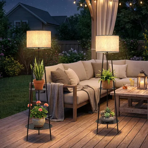 Vista 18 de MXwcy Lámpara de pie solar con soportes para plantas, luces solares para exteriores con bombillas LED Edison vintage, luces de jardín resistentes a