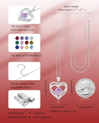 Vista 6 de THECEROS Collar de corazón para mujer, chapado en oro de 18 quilates, collar de piedra natal de plata de ley, regalo para mujer