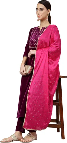 Vista 3 de Janasya Indian - Kurta de terciopelo morado con pantalón y Dupatta para mujer