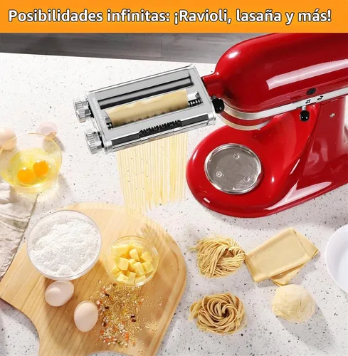 Vista 6 de FavorKit Accesorio para hacer pasta para batidoras KitchenAid, juego resistente 3 en 1 incluido rodillo de hojas de pasta, accesorios de cortador