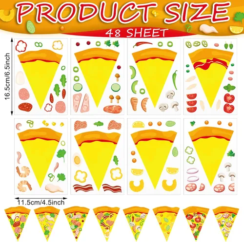 Vista 2 de Zonon 48 hojas de calcomanías de pizza para niños, regalos de fiesta de cumpleaños, pizza, manualidades, planeta, fiesta, juegos, decoración, crea