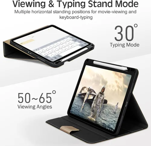 Vista 5 de KingBlanc Funda para iPad Pro de 11 pulgadas de 4ª/3ª/2ª/2ª generación (2022/2021/2020) con soporte para lápices, funda de soporte bicolor de cuero