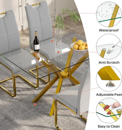 Vista 6 de Mesa de comedor de 7 piezas de 47 pulgadas con 6 sillas de piel sintética, juego de mesa de comedor moderno para 6, mesa de cocina rectangular
