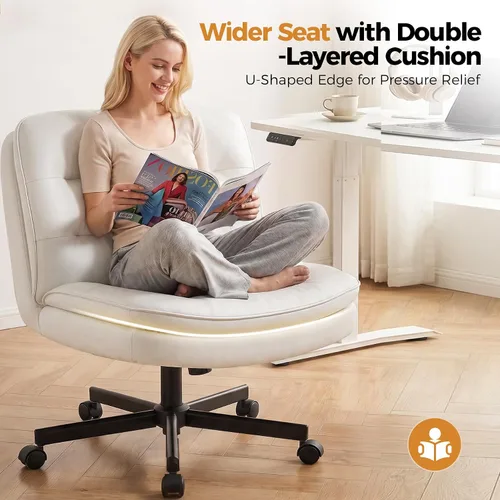 Vista 5 de COMHOMA Silla de oficina Criss Cross Silla de tocador sin brazos con Piel sintética, piernas cruzadas, asiento ancho cómodo, soporte de espalda