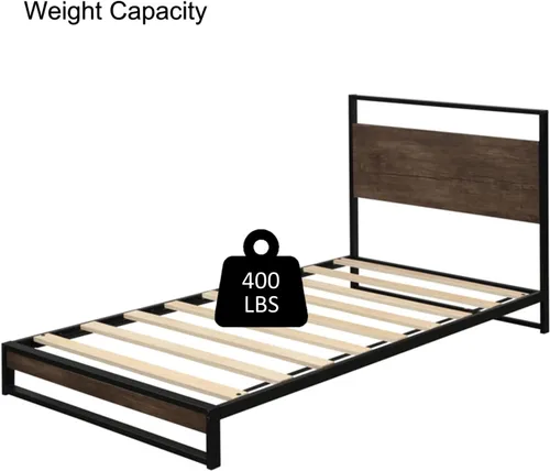 Vista 5 de Anwick Base de cama de tamaño individual con cabecera de madera/plataforma de metal alto/cama de plataforma individual para niños, con espacio