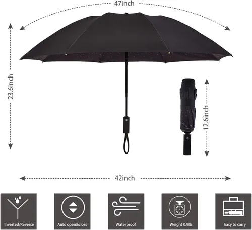 Vista 7 de Paraguas invertido de doble capa, plegado automático, reversible, resistente al viento y a los rayos UV, para lluvia, coche, viaje, al aire libre