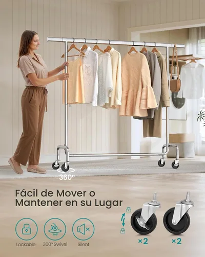 Vista 5 de SONGMICS Perchero con ruedas, perchero resistente con barra extensible para colgar, capacidad de carga de 286.6 libras, 17.7 x (43.3-59.1) x 64.1