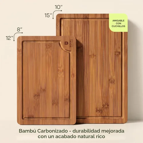 Vista 2 de ROYAL CRAFT WOOD Tablas de cortar de madera para preparar comidas de cocina y servir – Juego de tablas de cortar de bambú no tóxicas con asas Marrón