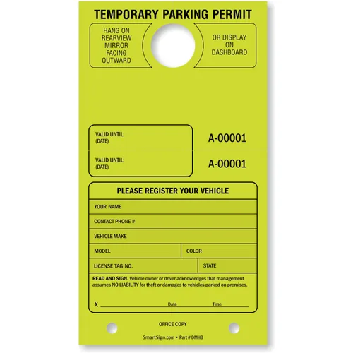 Vista 9 de SmartSign Etiqueta colgante de espejo "Permiso de estacionamiento temporal" Paquete de 50 Verde fluorescente Cartulina de 7.75 x 4.25 pulgadas
