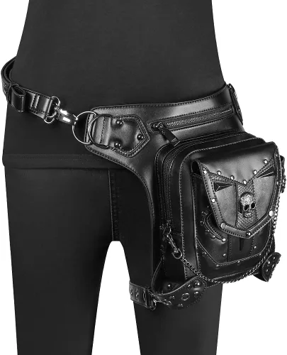 Vista 2 de Steampunk - Riñonera de piel gótica con diseño de calavera bandolera cruzada con hombros y muslos y caderas para mujeres y hombres WP-BG097BK