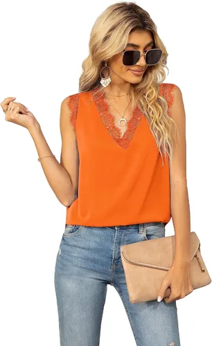 Vista 46 de VIISHOW - Camiseta sin mangas, sexy, con cuello en V y bordes de encaje para mujer, camisola de vestir, camisas de gasa, sin mangas, casuales