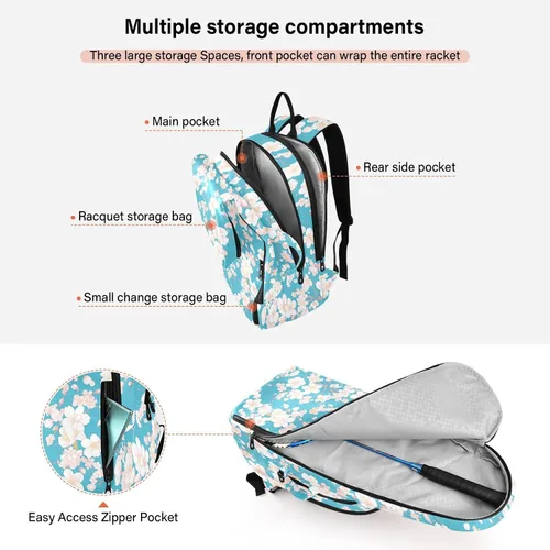 Vista 5 de Tennis Badminton Racket Bags Breathable Pink Blue Flowers 2 Rackets Tennis Racket Cover Bag with Protective Pad for Women, Men, Teenagers raquetas