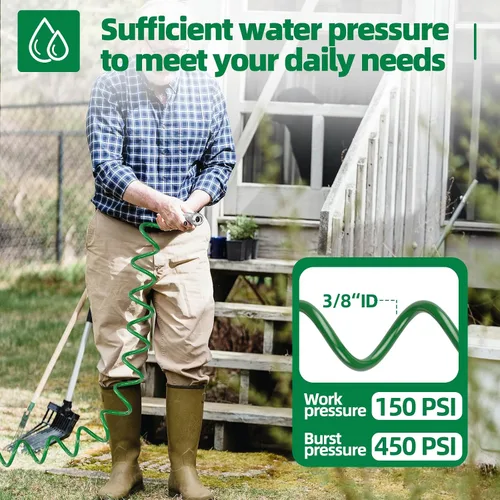 Vista 6 de SPECILITE Manguera de jardín en espiral ligera de 3/8", 50 pies, tubos de agua flexibles curvos de EVA con boquilla de pulverización de 6 patrones