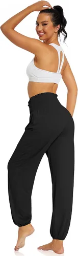 Vista 2 de UEU Pantalones de yoga holgados casuales para mujer, cintura alta, estilo bohemio, pijama con bolsillos