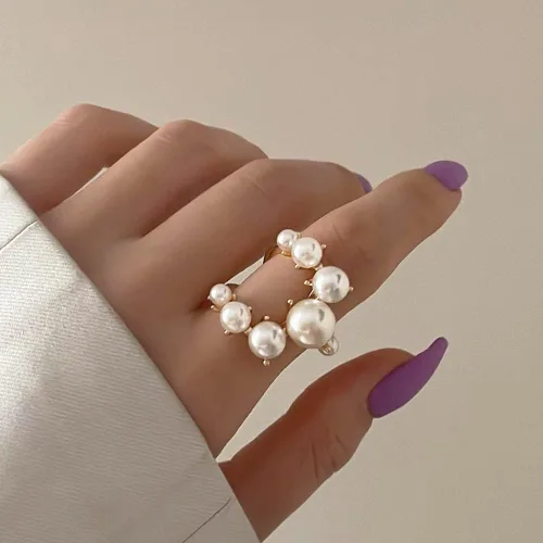 Vista 3 de Anillos de perlas vintage Anillos de perlas ajustables abiertos de dedo completo para mujer