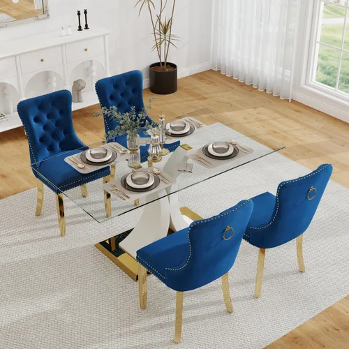 Vista 38 de Juego de comedor moderno de vidrio de lujo de 5 piezas, juego de cena rectangular minimalista grande para 4, juego de mesa de cocina de vidrio