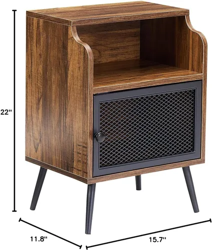 Vista 3 de VECELO Juego de 1 mesita de noche moderna, mesa auxiliar con armario de almacenamiento, mesita de noche industrial con estante de cajón abierto