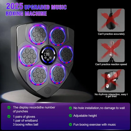 Vista 4 de Máquina de Boxeo Musical Inteligente laapee con Ritmo LED – Montada en Pared para Adultos y Niños – Incluye Guantes para Adultos, Diadema y 3