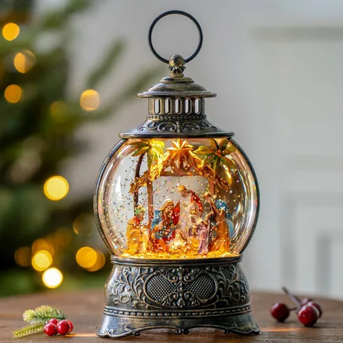 Vista 9 de Globos de Nieve de Navidad, Farol de Agua de Navidad con Carruaje e Iglesia Azul, Música y Temporizador de 6 Horas, Faroles Iluminados con Cable