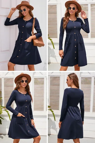Vista 3 de OUGES Vestido skater con botones y cuello en V para mujer con bolsillos