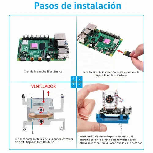 Vista 4 de GeeekPi Kit de mini torre con fuente de alimentación QC3.0 para Raspberry Pi 4, Pi 4 con enfriador de torre ICE, módulo OLED de 0.96 pulgadas