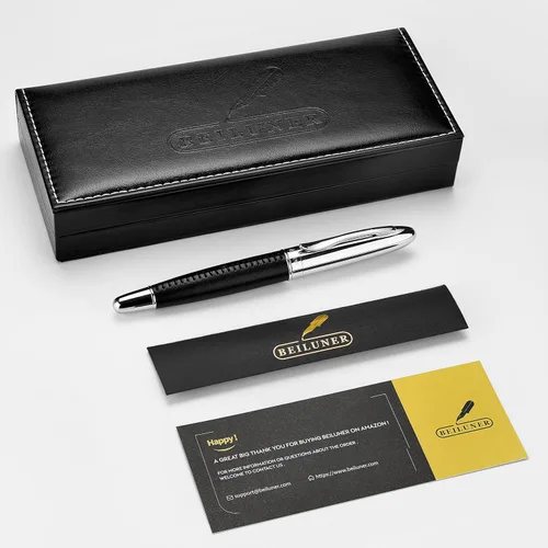 Vista 8 de BEILUNER 318 - Bolígrafo de cuero de lujo personalizado, cuero negro premium cosido a mano, acabado cromado, repuesto Schmidt, elegante set