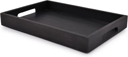 Vista 2 de EDHAS Bandeja rectangular de madera de acacia negra para desayuno, cena, bebidas, cocina, comedor, sala de estar, baño con asa
