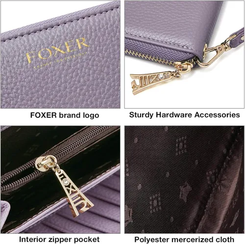Vista 5 de FOXLOVER Carteras de cuero genuino para mujer, carteras de embrague con cremallera RFID con pulsera