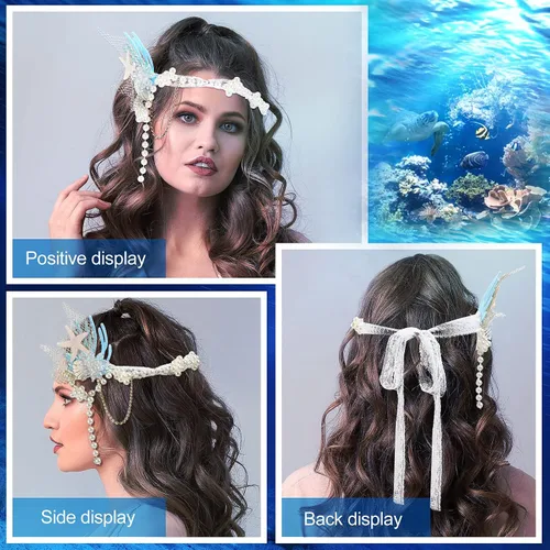 Vista 3 de MTLEE 2 piezas de accesorios de disfraz de sirena, estrella de mar, banda de mar, accesorios para el cabello de sirena y collar de estrella de mar