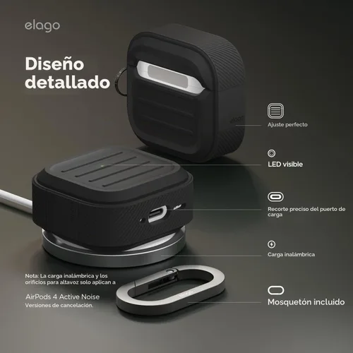 Vista 5 de Elago Armor - Funda para AirPods 4 Mosquetón incluido, soporta carga inalámbrica, resistente a los golpes, protección completa (negro)