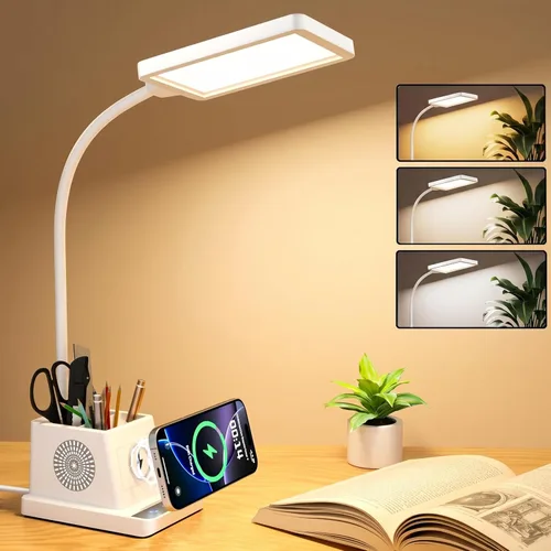 Vista 9 de COZOO Lámpara de escritorio LED con 3 puertos de carga USB, 2 tomas de corriente CA, 3 modos de color y 3 niveles de brillo, función
