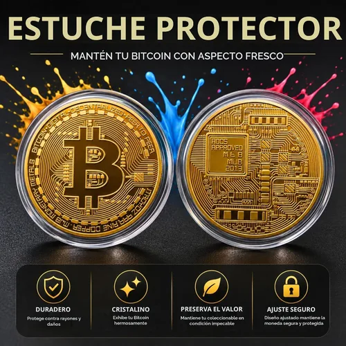 Vista 5 de Moneda de Bitcoin de coleccionista, token criptográfico conmemorativo, estuche acrílico Bitcoin - Paquete de 10