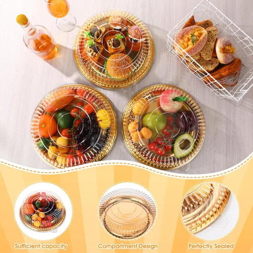 Vista 4 de Nitial 12 Piezas Bandejas de Servicio Resistentes con Tapa Transparente, Bandejas Redondas Elegantes Doradas para Catering Desechables Platos