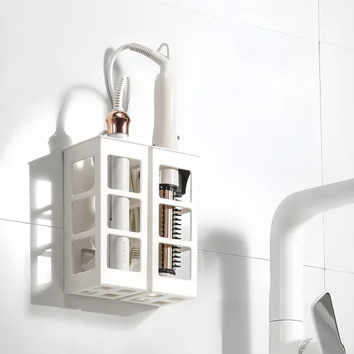 Vista 9 de Juego de 2 organizadores de herramientas para el cabello para montaje en pared, organizador de herramientas de pelo de baño colgante para rizador