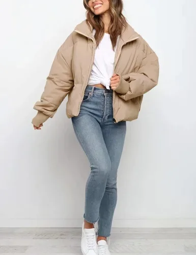 Vista 2 de Tanming Chaqueta acolchada casual para mujer, manga larga, cremallera completa, abrigo de invierno acolchado negro