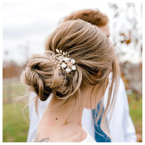 Vista 7 de SWEETV Peine de pelo de boda dorado hecho a mano, clip de pelo nupcial para boda, accesorios para el cabello