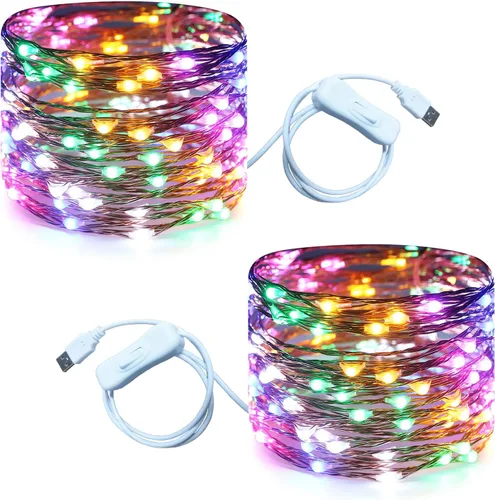 Vista 24 de RUICHEN Guirnalda de luces LED USB de 20 pies con interruptor de encendido/apagado, luces de alambre de cobre impermeables para dormitorio, pared