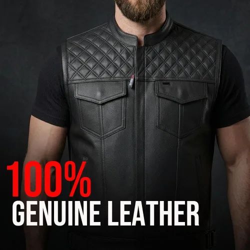 Vista 5 de Jackets 4 Bikes SOA Chaleco de Motocicleta para Hombre, Cuero Genuino de Búfalo, Armadura Trasera, Bolsillos Interiores, Chalecos de Club de Negro