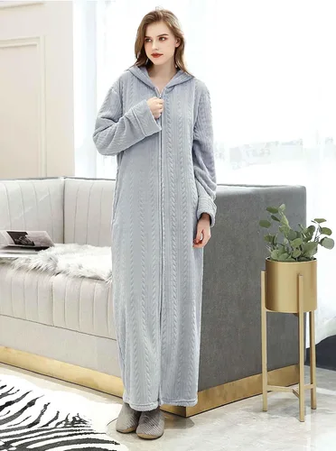 Vista 4 de Artfasion Bata larga con cremallera frontal y capucha para mujer, ropa de dormir de longitud completa para mujer
