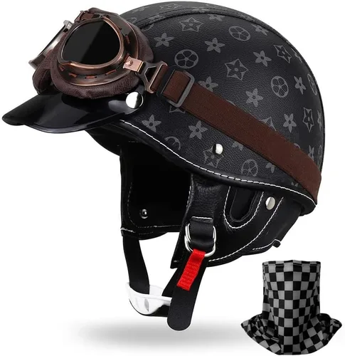 Vista 13 de Casco de motocicleta estilo alemán estilo retro medio casco de cuero medio abierto - aprobado por DOT para hombres y mujeres vintage motocicleta