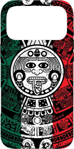 Vista 22 de Funda para iPhone 17 con calendario maya azteca con diseño de piedra solar envejecida de la bandera de México