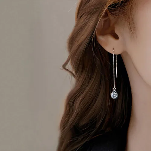 Vista 2 de Reffeer Solid 925 Sterling Silver CZ Droplet Chain Dangle Earrings for Women Teen Girls Tassel Dangle Earrings Threader