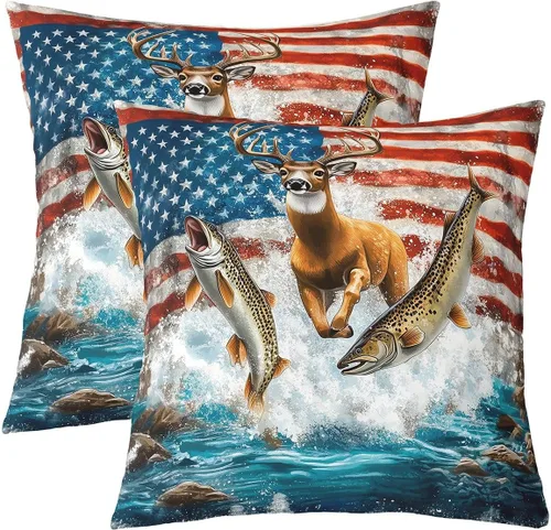 Vista 12 de Erosebridal American Flag Cushion Cases 16x16 Inch Set of 2 Army Green Camo Throw Pillow Covers Bear Claw Hunting Theme Pillow Covers Camoflage