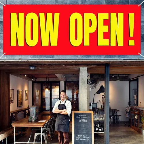 Vista 4 de Banner grande "Now Open" (abierto) para interior y exterior de poliéster, tela Oxford, letrero "Now Open" colgante para decoración de césped, Fondo