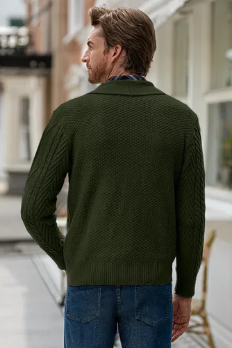 Vista 4 de JMIERR Suéter casual de manga larga con cuello de chal y botones para hombre con bolsillos