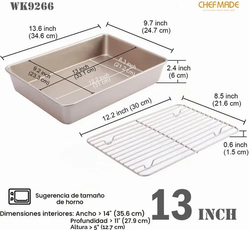 Vista 2 de CHEFMADE Bandeja para asar con rejilla, bandeja honda rectangular antiadherente de 13 pulgadas para hornear en horno-parrilla, 9" x 13" x 2.4