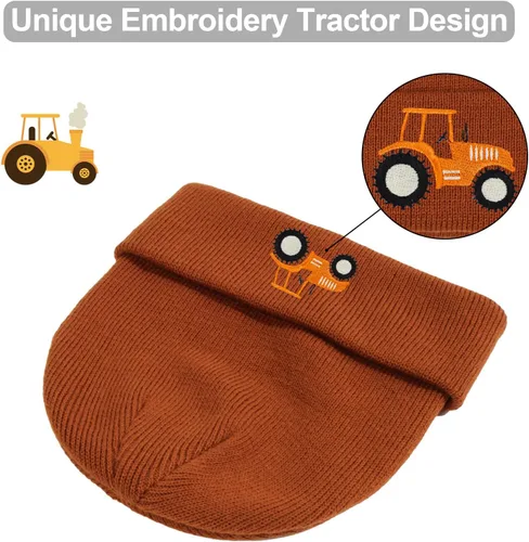 Vista 4 de Gorro de punto para niños pequeños con bordado de tractor para otoño e invierno