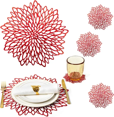 Vista 10 de Juego de 8 manteles individuales negros para mesa, manteles individuales y 8 posavasos modernos para vacaciones, manteles individuales redondos