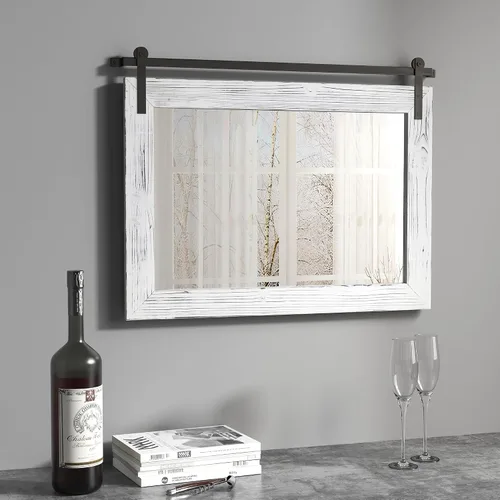 Vista 62 de COGOOD Espejo de puerta de granero de granja, 25 x 18 pulgadas, espejo decrativo con marco de madera rústica para baño, sala de estar, decoración